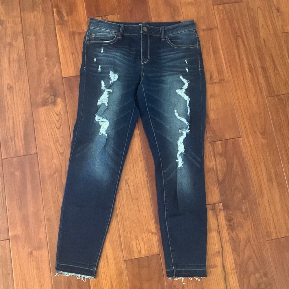 EVERMORE Jeans Size 13 Distressed Stretch Frayed Hem Ankle Skinny Blue Denim